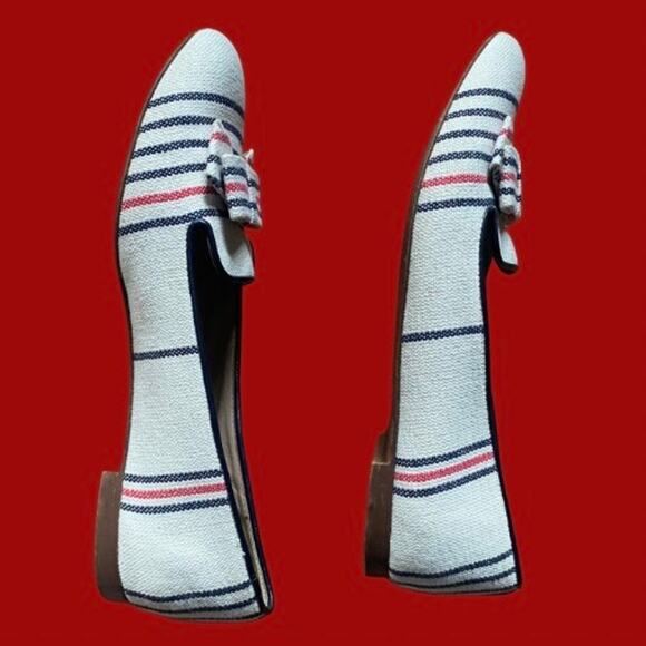 J. Crew White Blue & Red Woven Bow Detail Striped Canvas Leather Loafers (8) - Picture 6 of 9